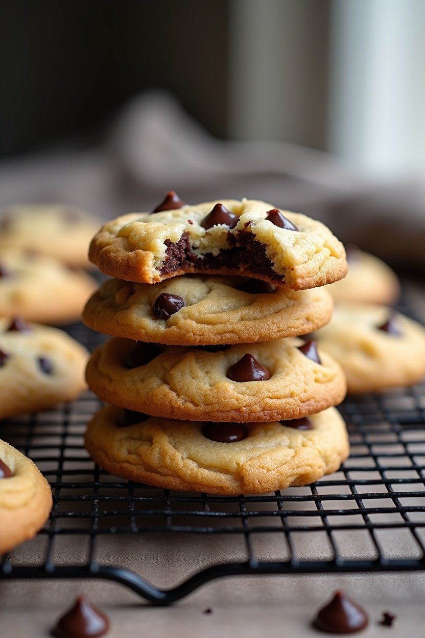 Stack of soft chewy chocolate chip cookies on a cooling rack, gooey chocolate visible, golden brown edges, one cookie broken in half showing soft center, warm baking scene