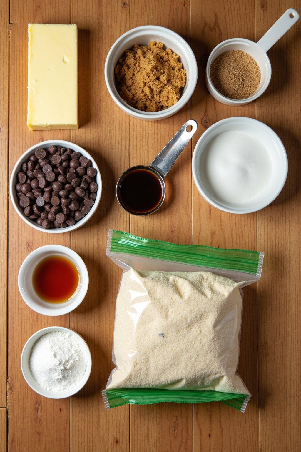 Flat lay of chocolate chip cookie ingredients on a wooden countertop, stick of butter, brown sugar in a bowl, eggs, bag of chocolate chips, flour in a measuring cup, vanilla extract, baking soda, s...