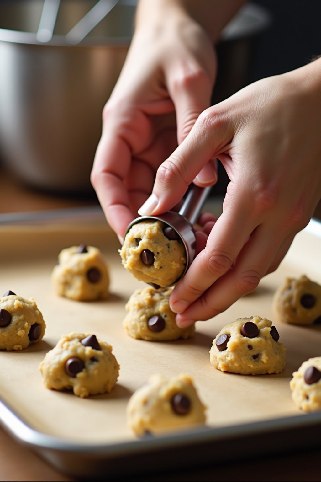 Action shot of chocolate chip cookie dough balls being placed on a parchment-lined baking sheet, golden dough with visible chocolate chips, hands scooping with a cookie scoop, kitchen scene with mi...