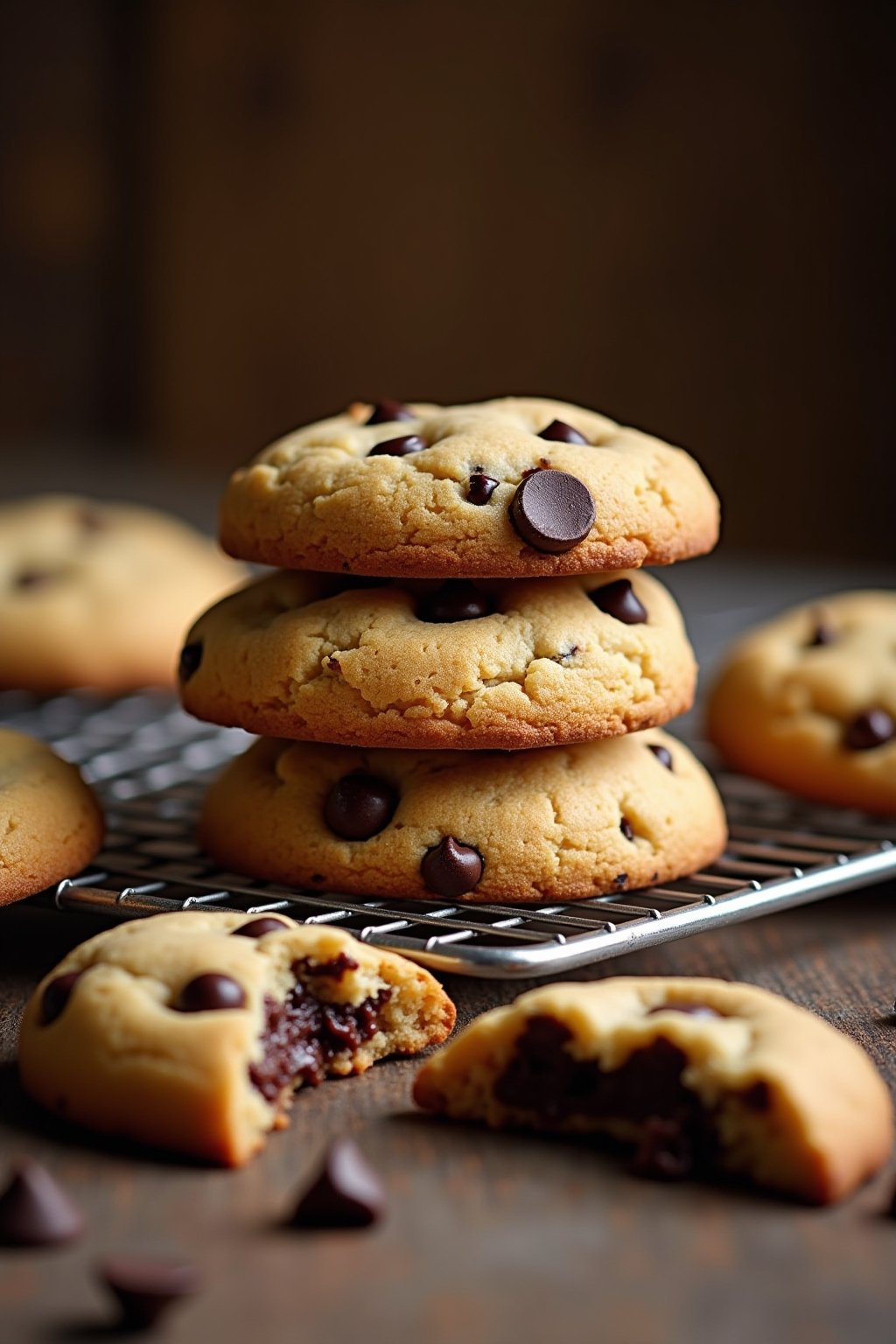 Stack of soft chewy chocolate chip cookies on a cooling rack, golden brown edges with gooey centers, melted chocolate pools visible, one cookie broken in half showing soft stretchy interior, scatte...