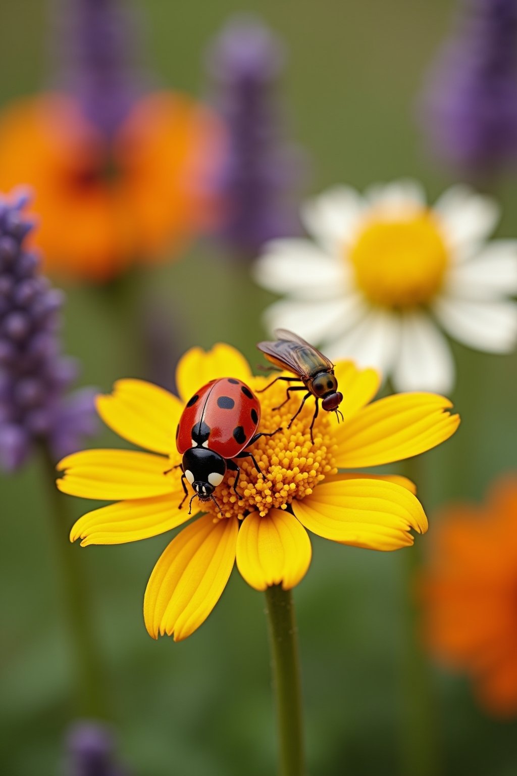 Close-up of beneficial garden insects at work: a red ladybug eating aphids on a bright green leaf, a hoverfly on a yellow marigold flower, a lacewing on a white yarrow bloom, all in a colorful gard...
