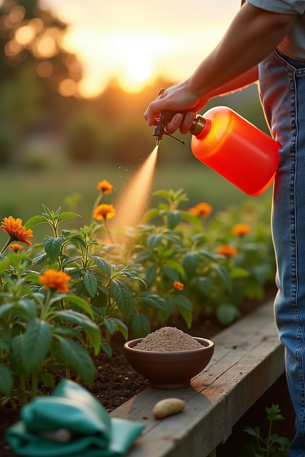 A gardener spraying neem oil solution from a brass pump sprayer onto tomato plant leaves in an organic garden at sunset, companion plants visible including basil, marigolds, and nasturtiums around ...
