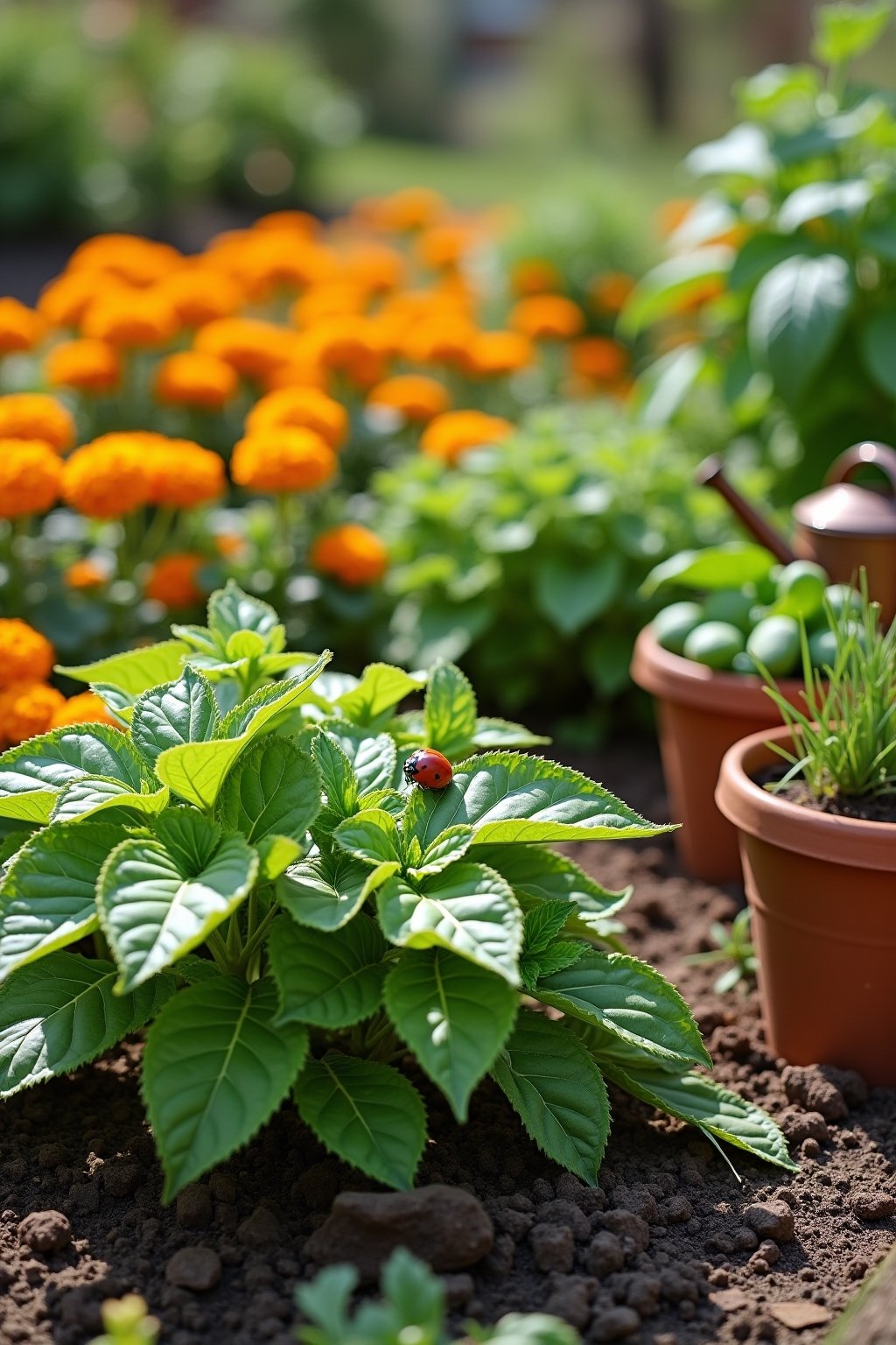 A vibrant organic vegetable garden with natural pest prevention elements visible: bright orange marigolds bordering green vegetable beds, a ladybug on a tomato leaf, floating row cover fabric over ...