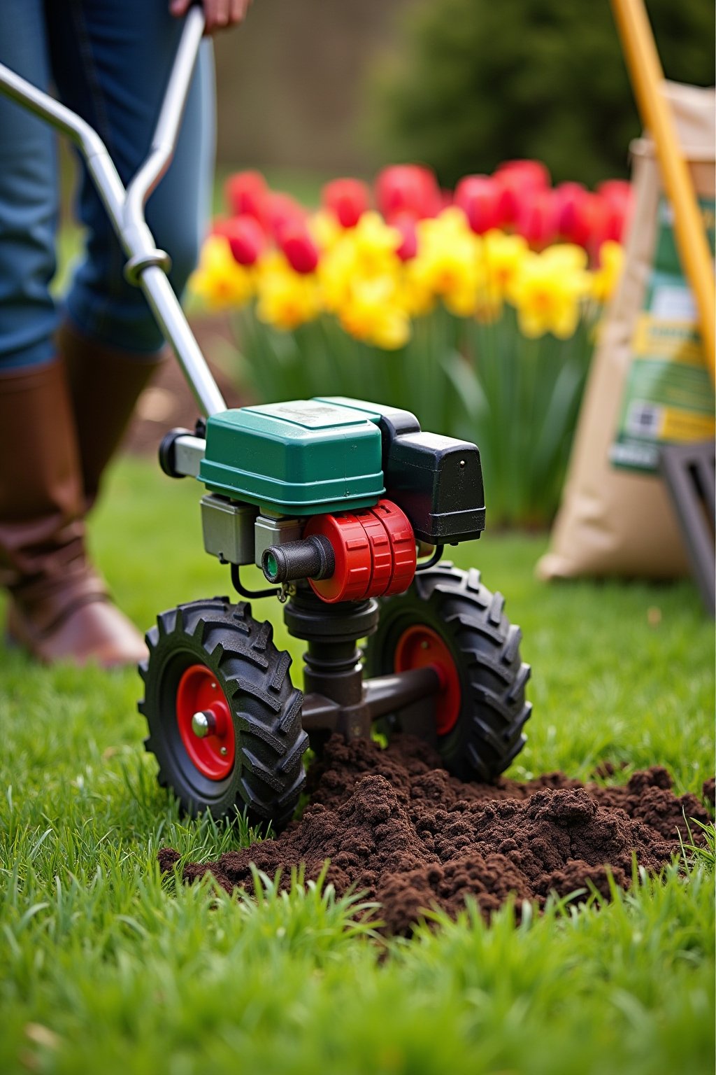 Close-up of a core aerator pulling soil plugs from a green lawn, rich dark soil plugs visible on the grass surface, a person wearing brown garden boots operating the aerator, a bag of grass seed an...