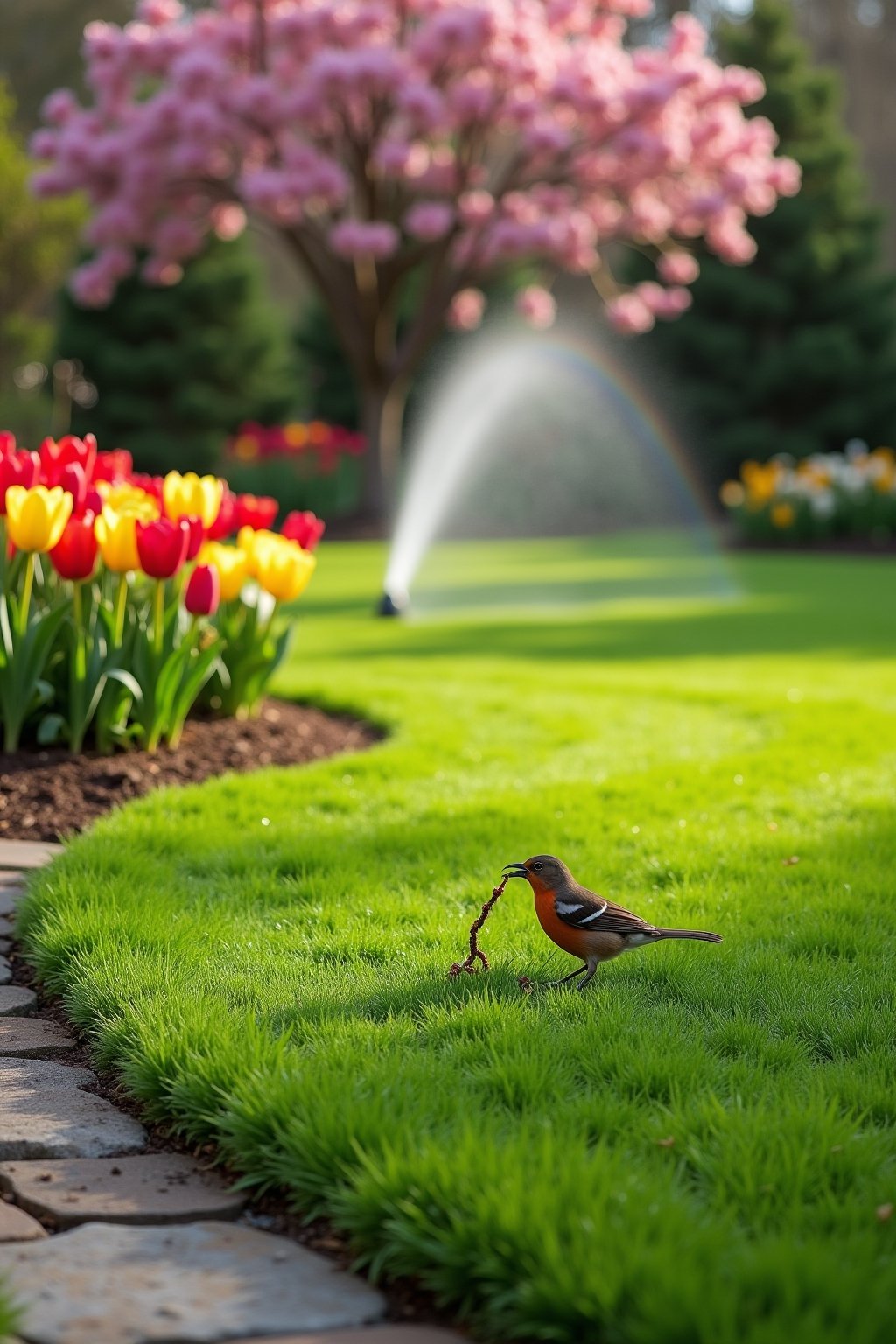 A beautifully maintained spring lawn from a slightly elevated angle, thick green grass with clean crisp edges along a curved garden bed bursting with colorful tulips in red yellow and pink, a stone...