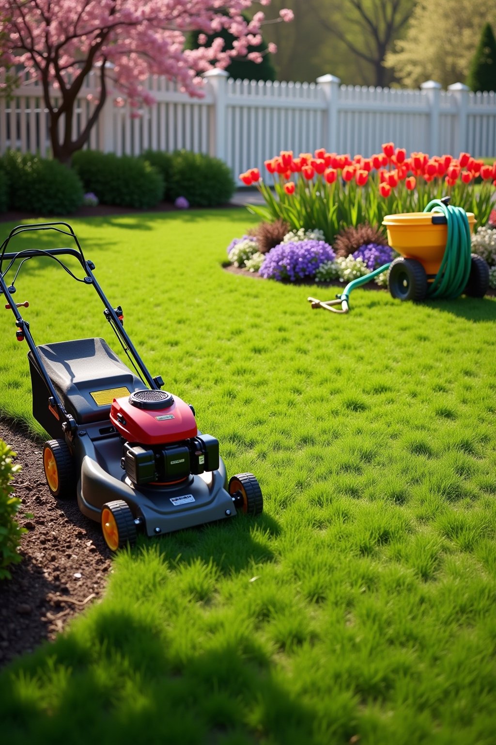 A lush green spring lawn being cared for, a red lawn mower on thick healthy grass, a bright yellow broadcast spreader with fertilizer nearby, crisp lawn edges along a colorful flower bed with red t...