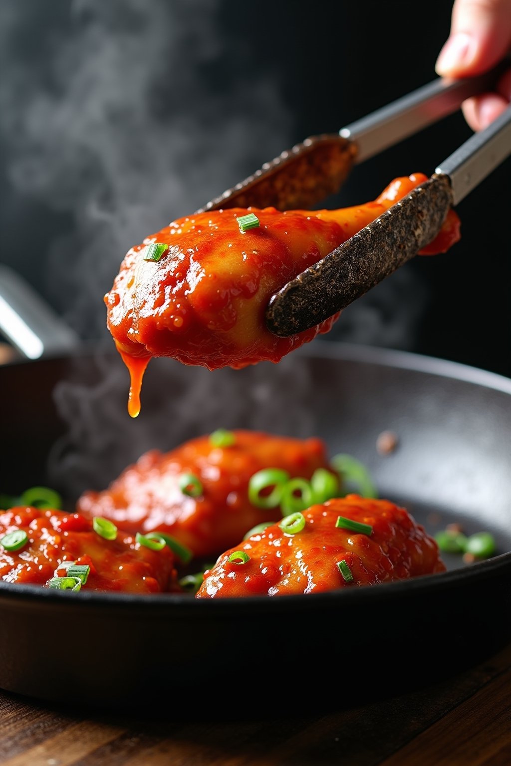 A single sticky gochujang chicken thigh being lifted with metal tongs from a black cast iron skillet, thick glossy caramelized red-brown glaze dripping down, visible crispy skin texture, green onio...
