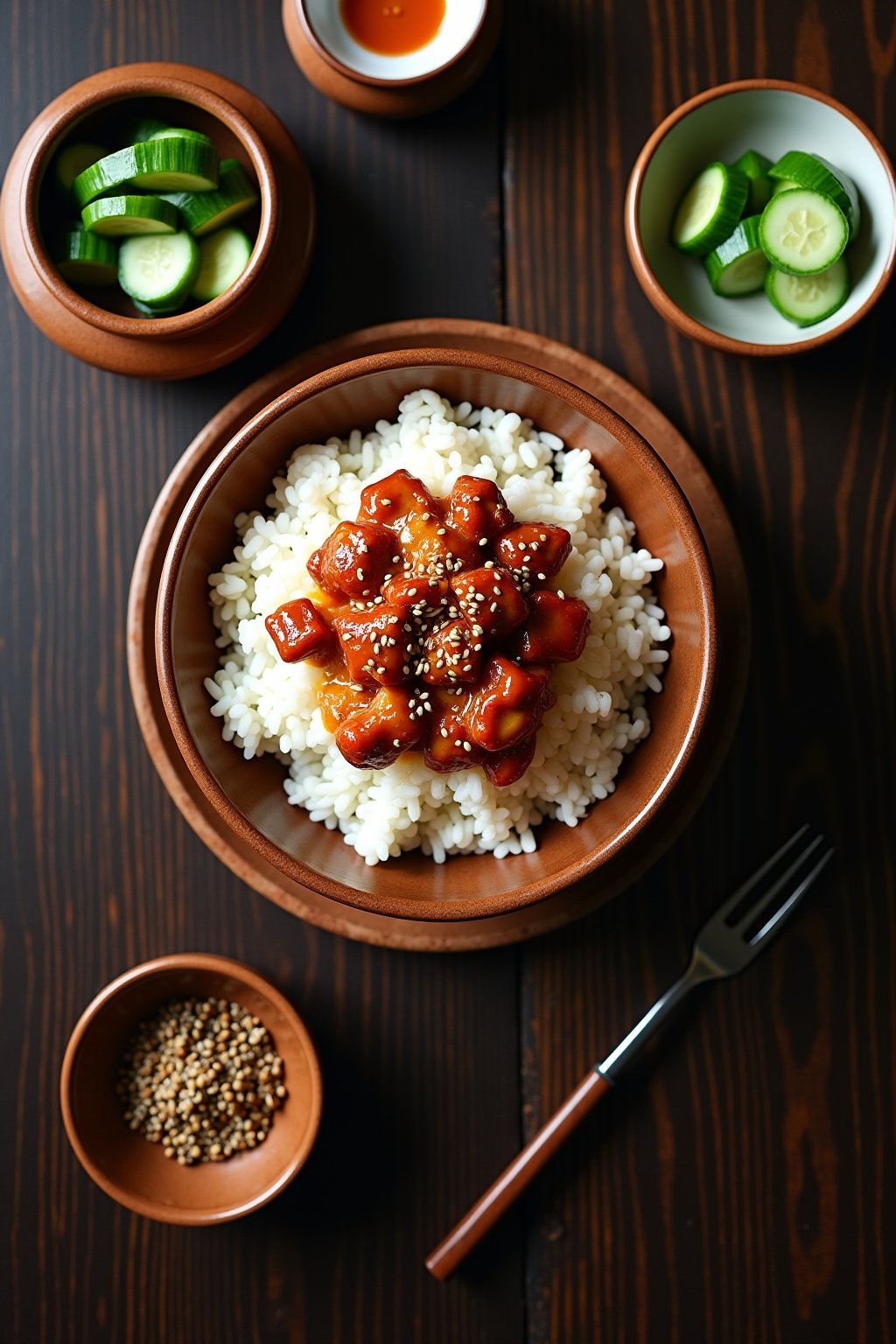 A complete Korean dinner spread viewed from above featuring a bowl of steamed jasmine rice topped with sliced sticky gochujang chicken thigh pieces, small side dishes of quick-pickled cucumbers wit...