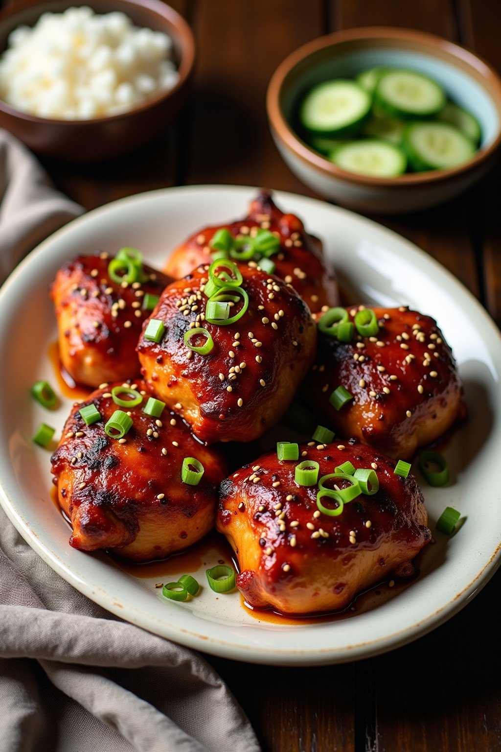 Sticky gochujang glazed chicken thighs with deeply caramelized crispy reddish-brown skin glistening with sauce, arranged on a white oval platter, scattered with sliced green onions and toasted sesa...
