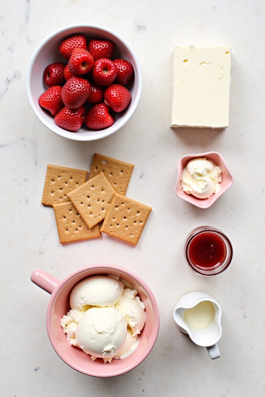 Flat lay of strawberry cheesecake milkshake ingredients on a light marble surface, fresh red strawberries in a bowl, block of cream cheese, bowl of vanilla ice cream, graham crackers stacked, small...