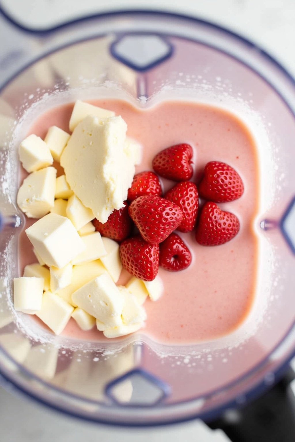 Cream cheese and fresh strawberries being blended with vanilla ice cream in a blender, creamy pink mixture forming, strawberry pieces visible, smooth silky texture, kitchen preparation action shot,...