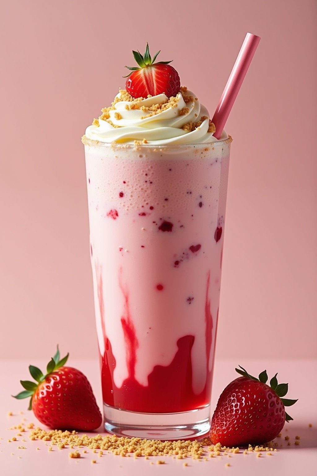 Tall strawberry cheesecake milkshake in a clear glass with straw, pink creamy shake with strawberry jam swirls on inside of glass walls, condensation and frost droplets on the glass, whipped cream ...