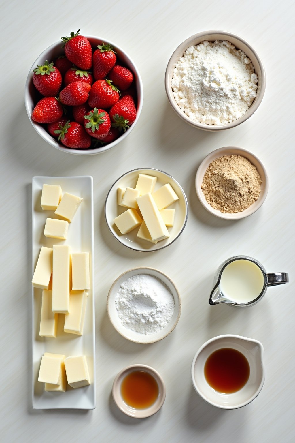 Flat lay of strawberry shortcake ingredients on a light surface, fresh red strawberries in a bowl, flour, sugar, cold butter cubes, heavy cream pitcher, eggs, baking powder, vanilla, powdered sugar...