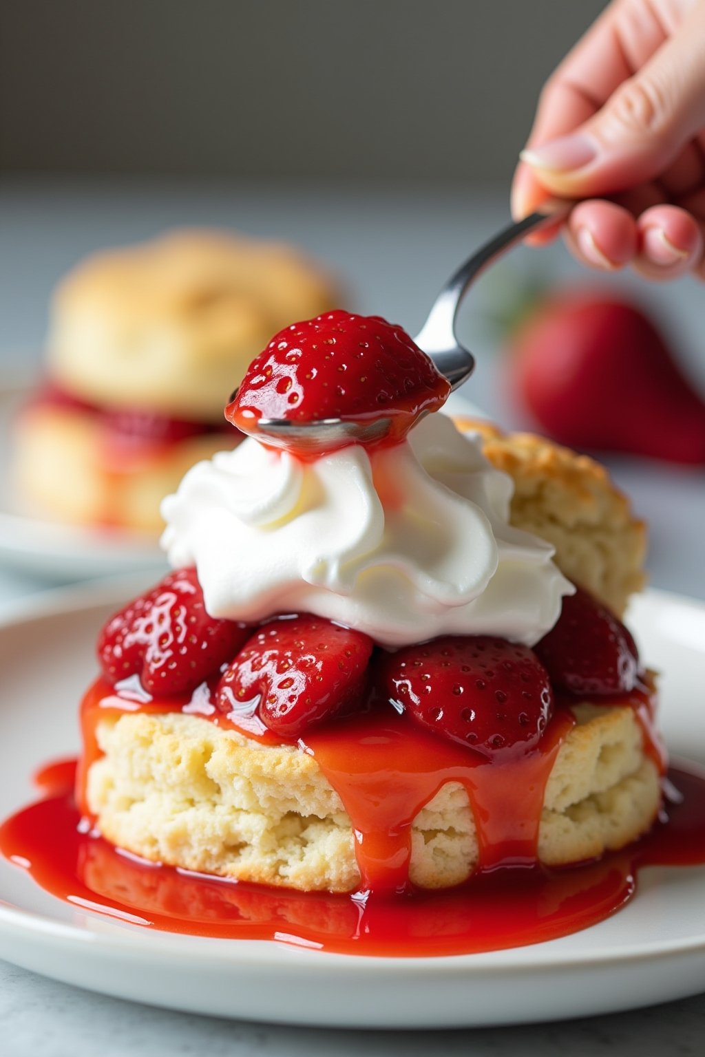 Action shot of assembling strawberry shortcake, spooning juicy macerated strawberries with their red syrup onto a split golden shortcake biscuit, whipped cream being dolloped, kitchen scene, bright...