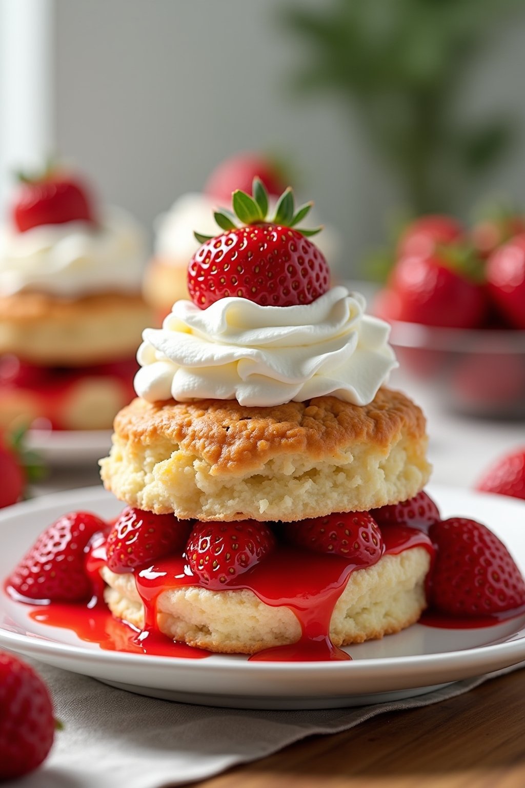 Beautiful strawberry shortcake cup with a golden fluffy biscuit split in half, layered with juicy macerated strawberries and billowy whipped cream, strawberry juice dripping down the sides, fresh w...