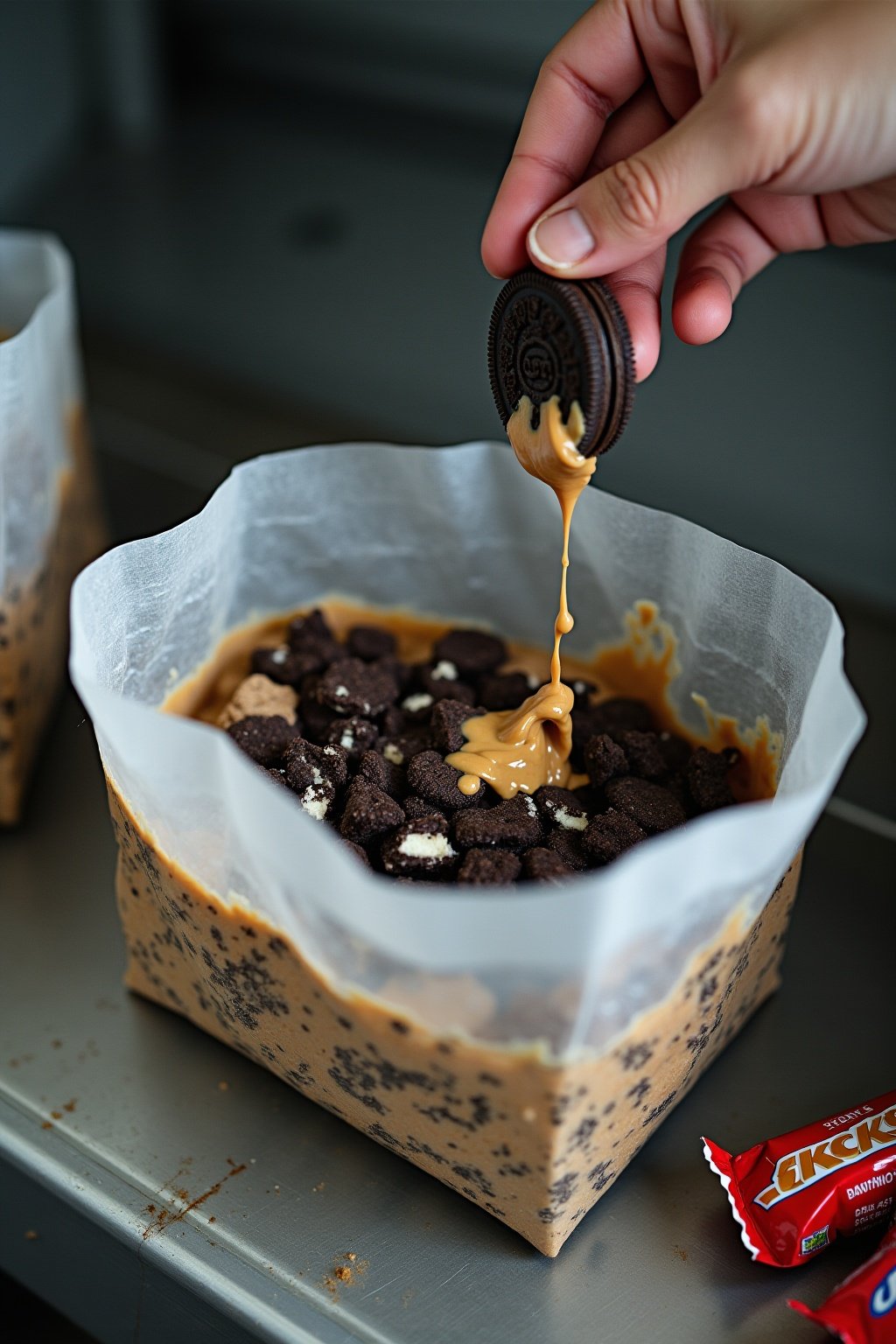 Crushed oreo cookies and chopped snickers bars being mixed with peanut butter in a clear plastic bag, candy wrappers and commissary packaging around, metal bunk shelf surface