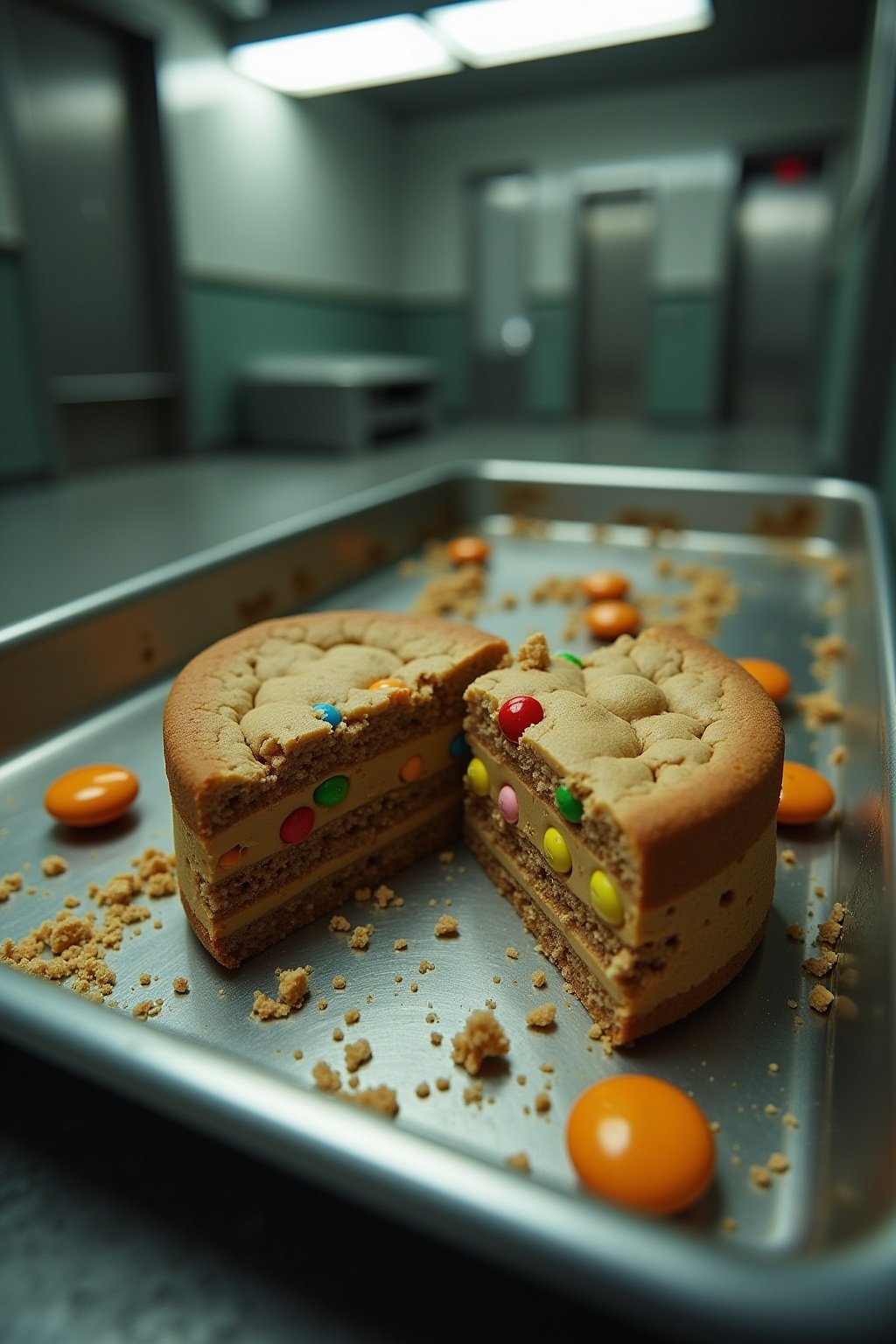 Prison dessert bar being broken apart showing layers of cookie crumb and peanut butter with candy pieces inside, on a metal tray with commissary candy wrappers around, fluorescent lighting