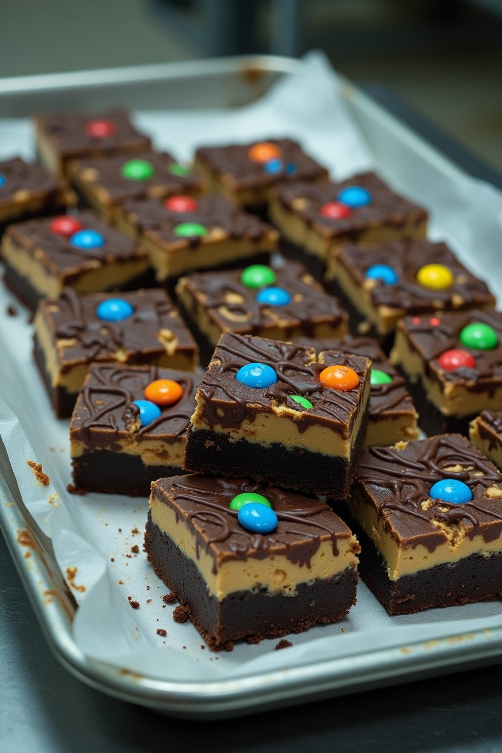 Prison dessert sweet spread bars on a metal cafeteria tray, dark chocolate cookie crumb bars with peanut butter and chopped candy bar pieces visible, chocolate drizzle and M&Ms on top, plastic wrap...