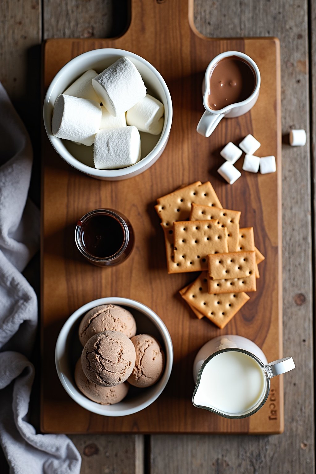 Flat lay of smores milkshake ingredients on a rustic wooden board, large marshmallows, stacked graham crackers, bowl of chocolate ice cream, small pitcher of milk, bottle of chocolate sauce, mini m...