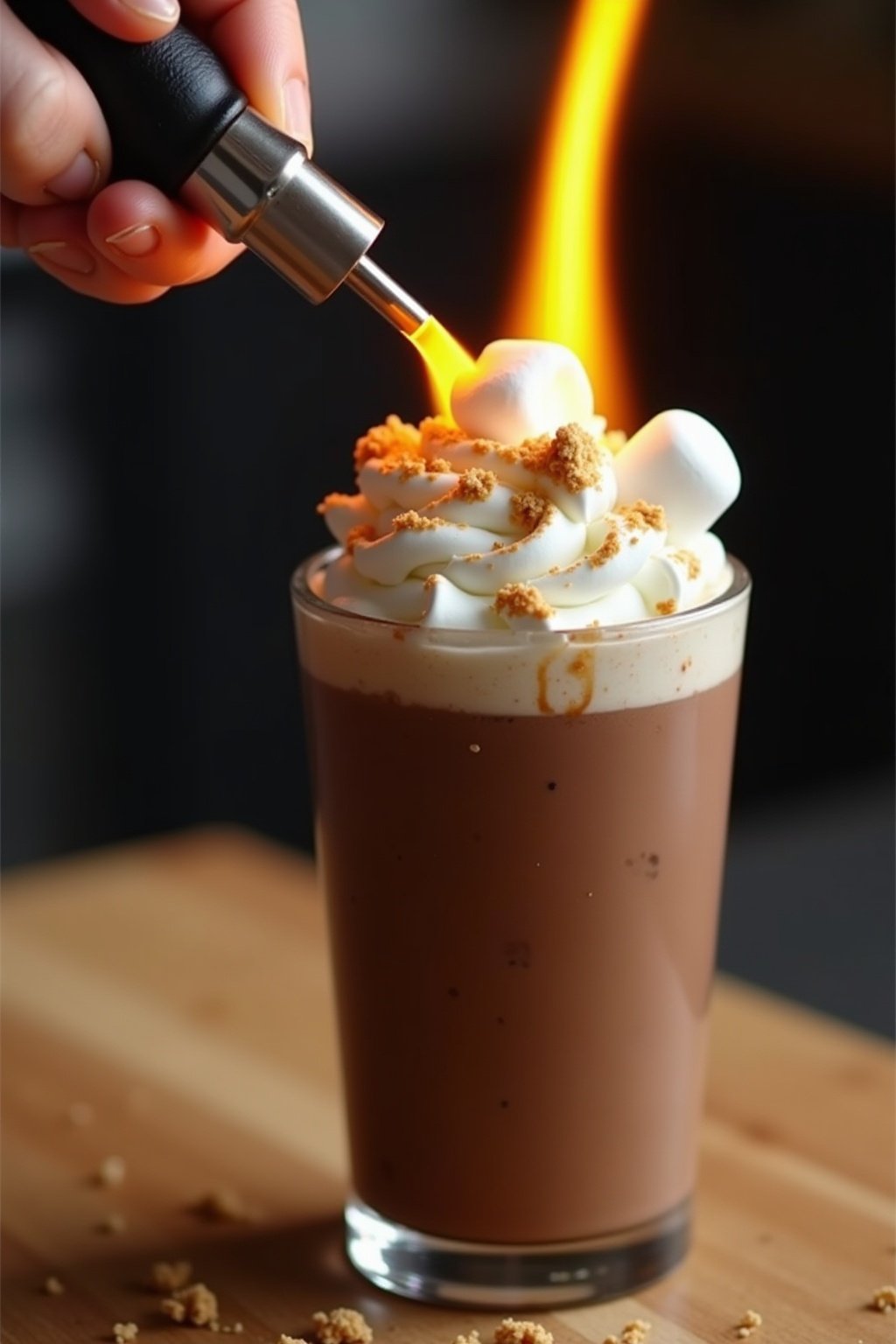 Kitchen torch toasting marshmallows on top of a chocolate milkshake, golden flame caramelizing the marshmallow surface, whipped cream melting slightly, graham cracker crumbs falling, dynamic action...