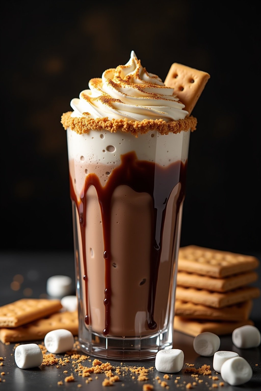 Tall toasted marshmallow smores milkshake in a clear glass with graham cracker crumb rim, rich chocolate milkshake with whipped cream and toasted golden marshmallows on top, condensation and frost ...