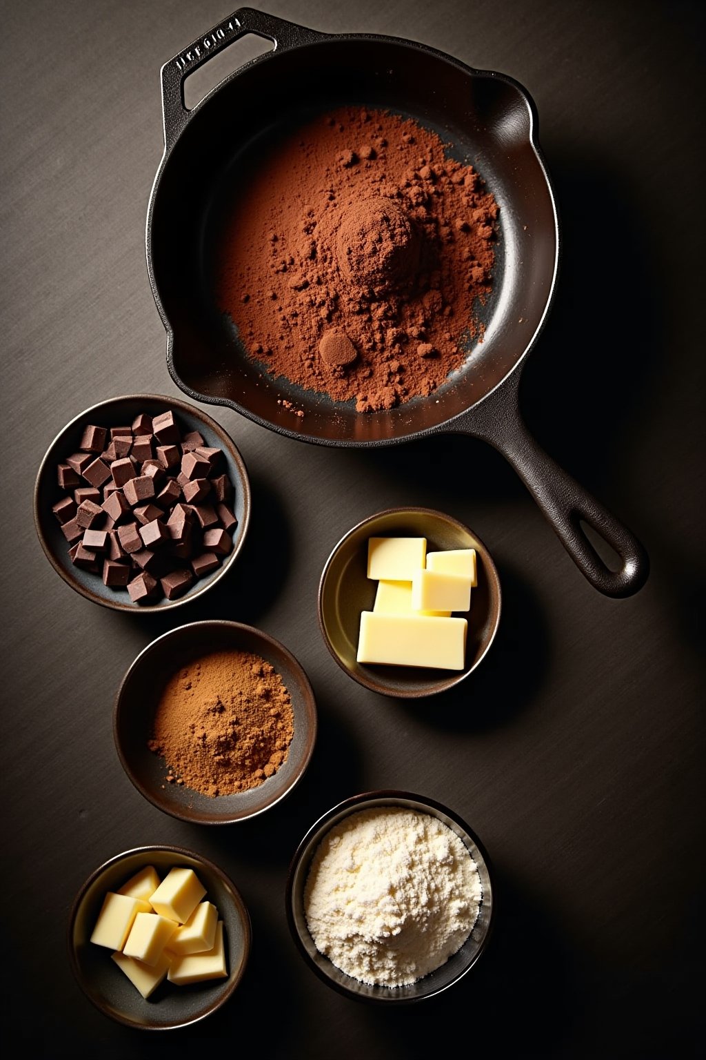 Flat lay of triple chocolate skillet cookie ingredients on a dark surface, cocoa powder, dark chocolate chunks, white chocolate chips, butter, brown sugar, eggs, flour, cast iron skillet, overhead ...