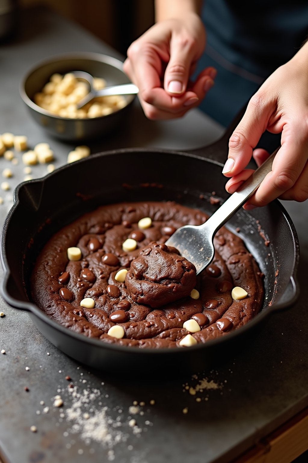 Action shot of pressing chocolate cookie dough into a cast iron skillet, dark chocolate dough with visible white and dark chocolate pieces, hands spreading the dough with a spatula, kitchen scene, ...
