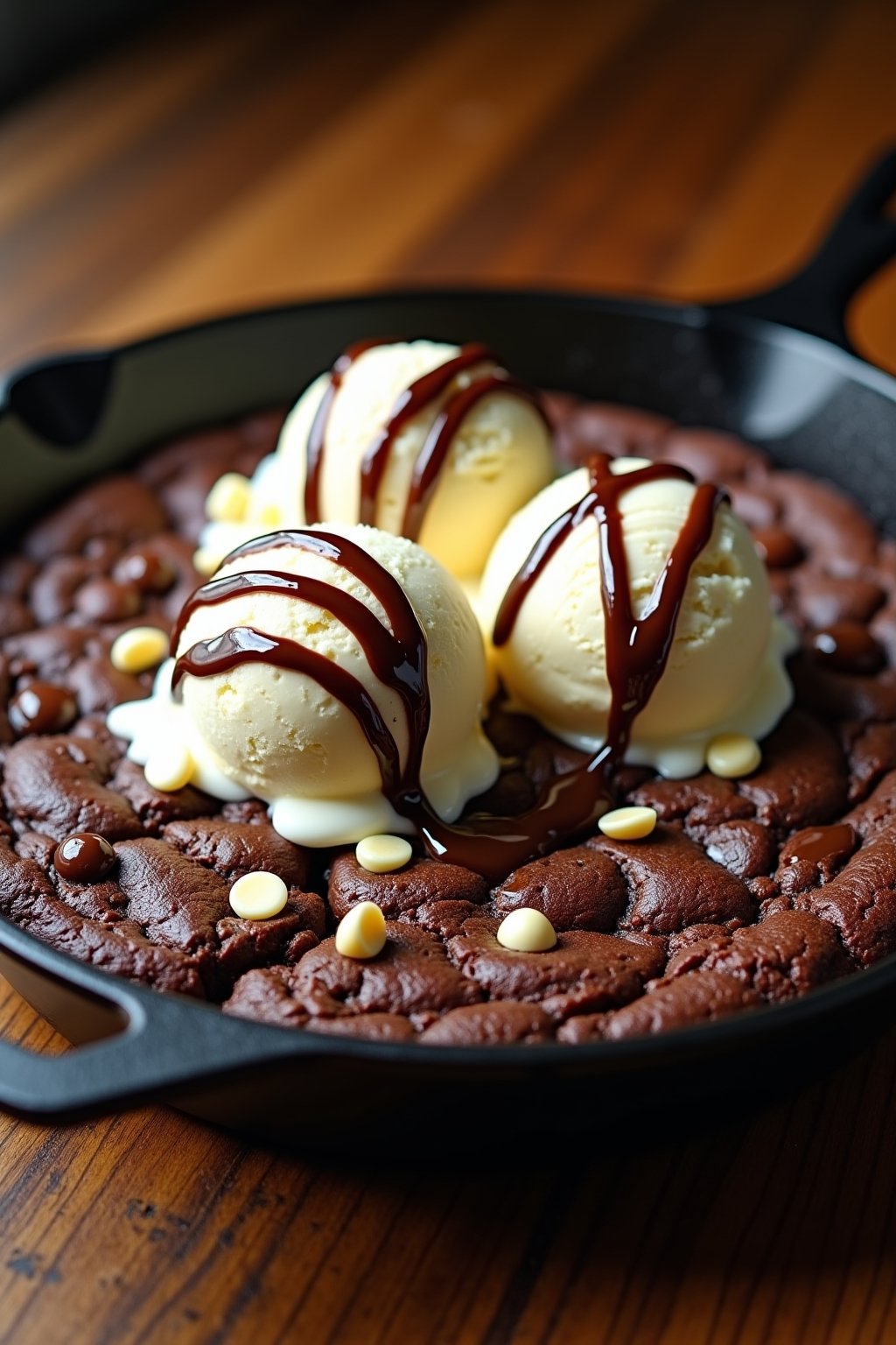Triple chocolate cookie skillet in a cast iron pan with scoops of vanilla ice cream melting on top, rich dark chocolate cookie with visible dark chocolate chunks and white chocolate chips, gooey ce...