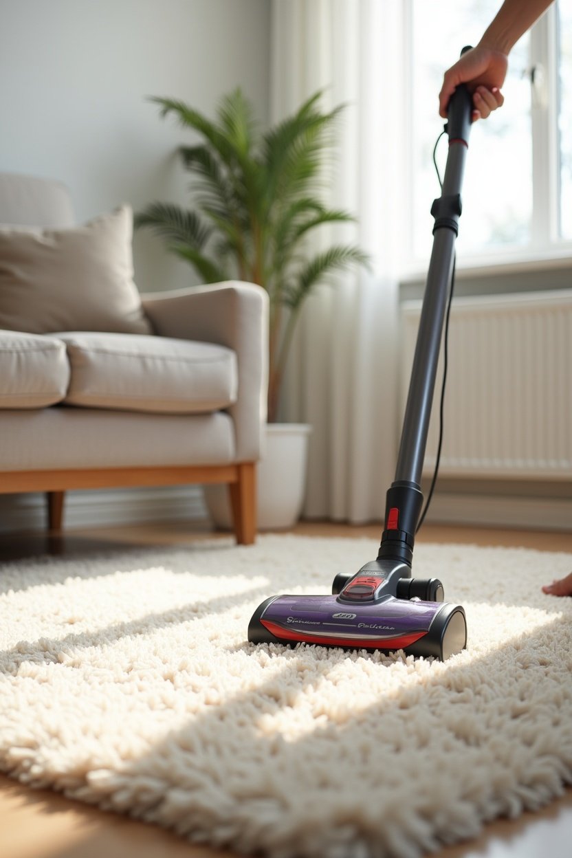 Upright vacuum cleaner on plush beige carpet in bright living room, visible line between vacuumed and un-vacuumed sections showing pet hair removal, clean home atmosphere