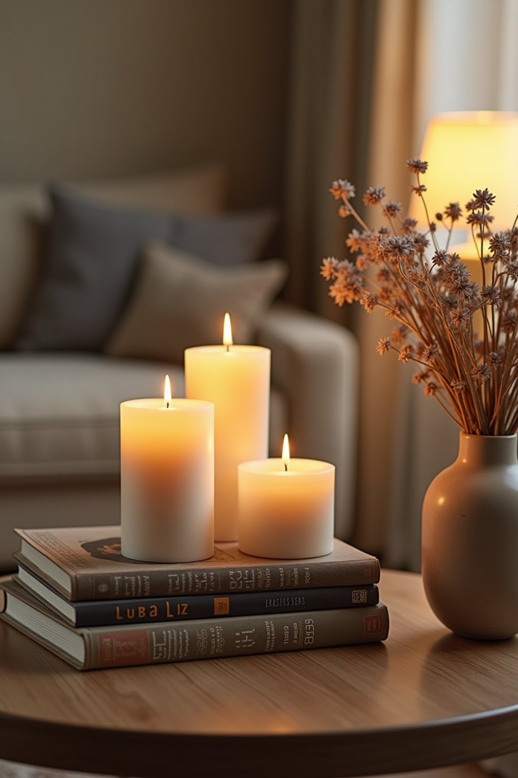 Close-up of vibey living room coffee table styling, group of three pillar candles at different heights, stacked vintage books, dried flowers in a ceramic vase, warm ambient glow from nearby lamp, s...