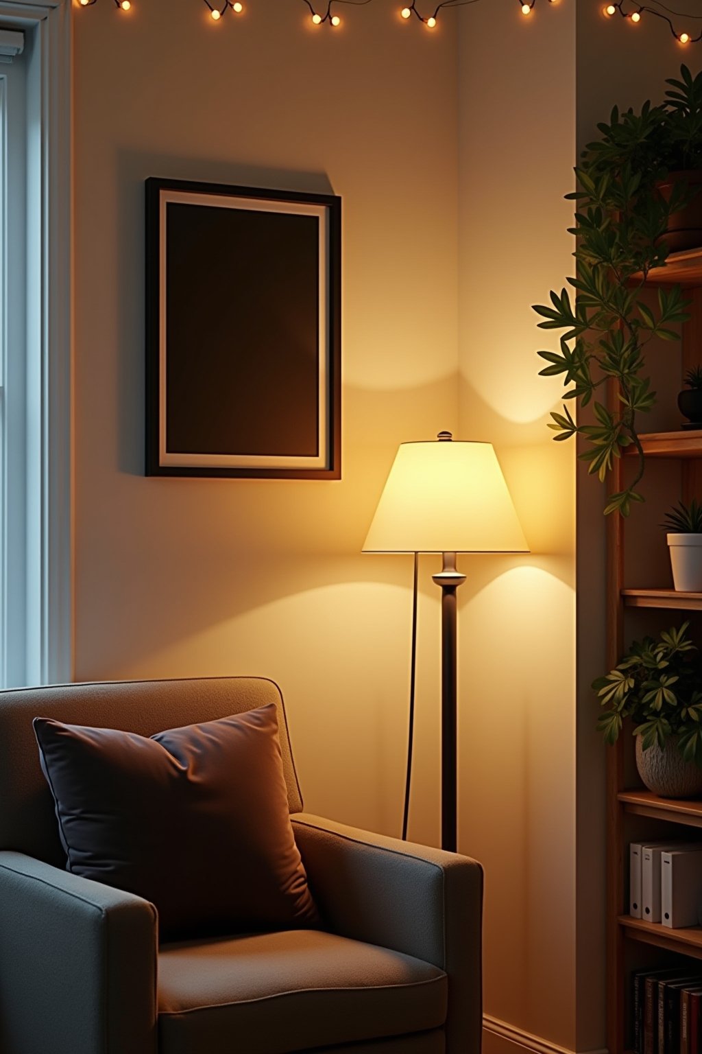 Corner of a vibey apartment at evening showing depth and atmosphere, floor lamp with warm glow, dark framed art on white wall, velvet pillow on chair, trailing plant on bookshelf, string lights alo...