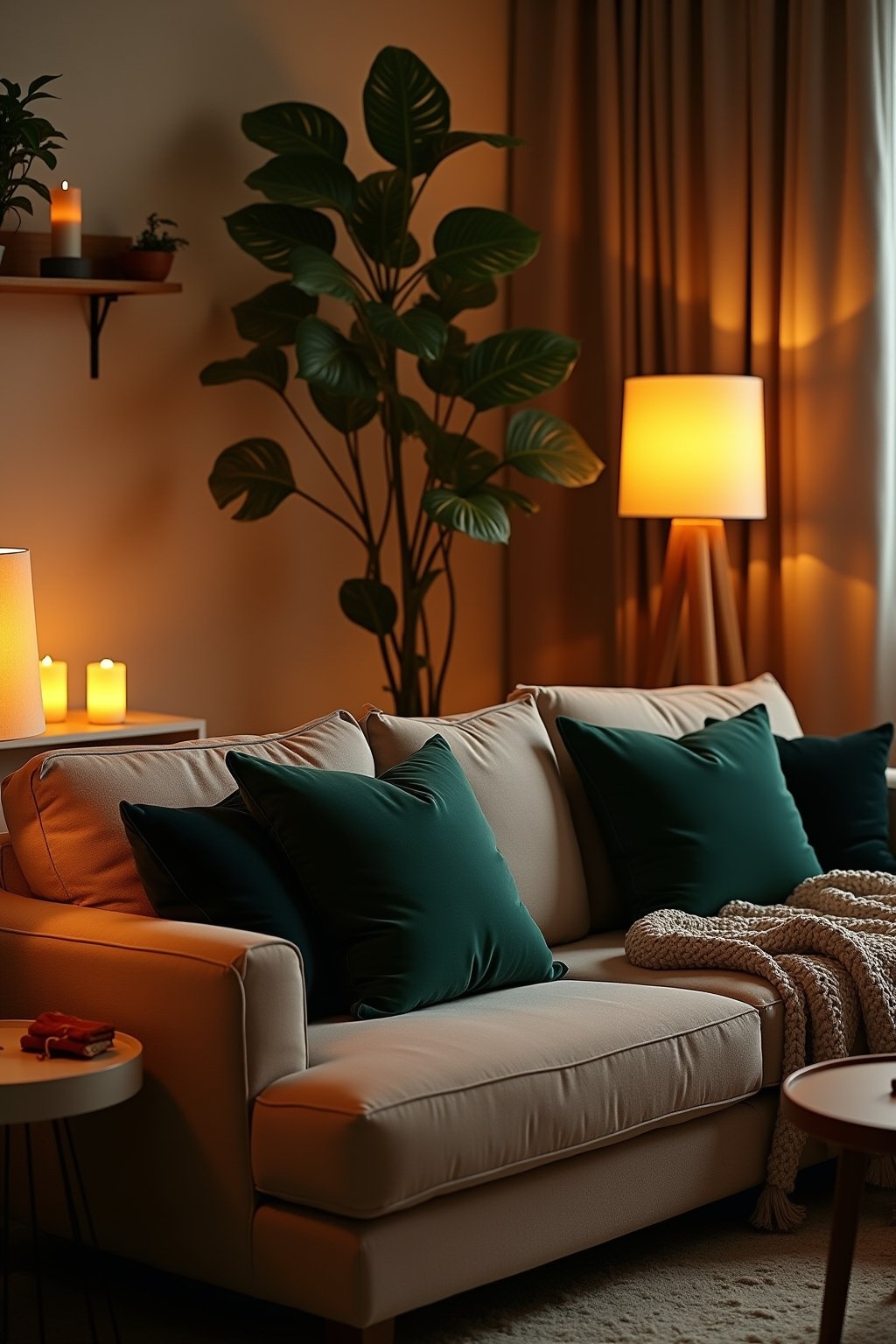 A vibey moody apartment living room with warm ambient lighting, no overhead light, multiple warm-glow table lamps and fairy lights, deep green velvet throw pillows on a sofa, knit blanket draped ov...