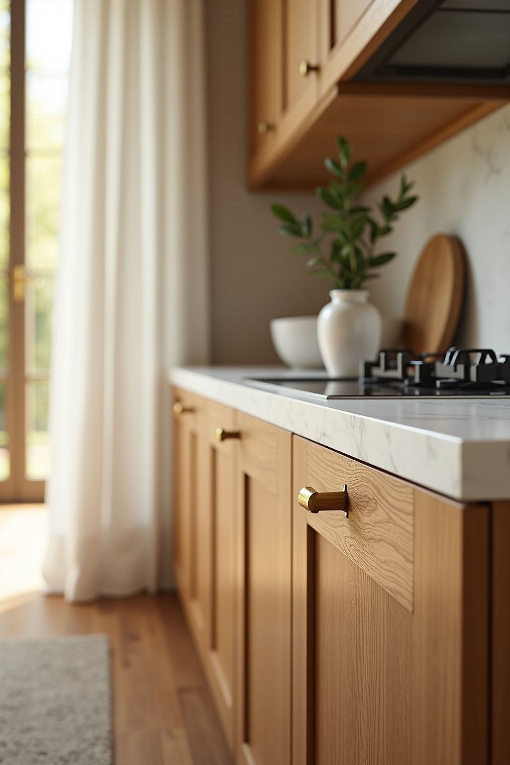 Close-up of warm wood kitchen details, natural oak cabinet door grain visible, brass cup pull handle, white marble countertop edge, small olive branch in ceramic vase, warm morning light, shallow d...