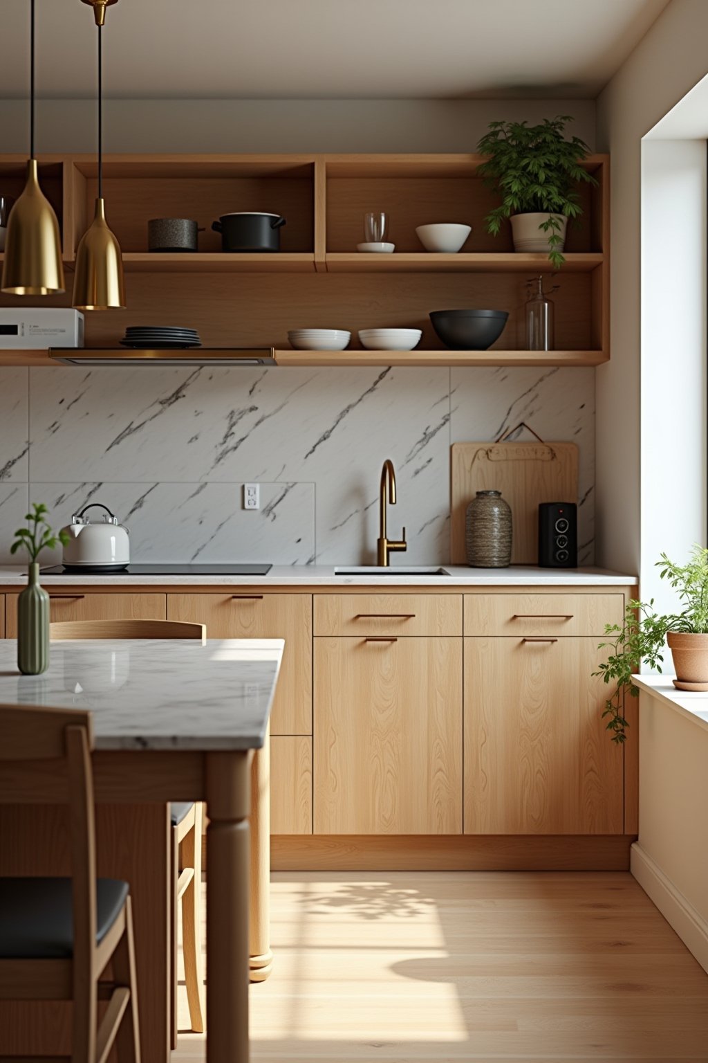View from dining table looking into warm wood kitchen showing depth and layout, oak island in foreground with marble top, warm wood upper shelving in background, brass pendant lights, plants on win...