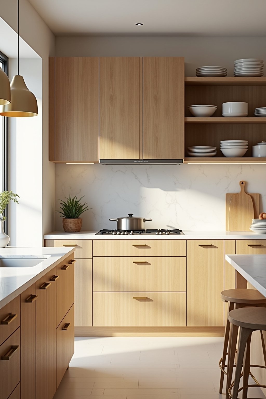 A warm modern kitchen with natural honey oak wood cabinets with flat panel doors, simple brass hardware, white marble countertops, white plaster walls, open wood shelving with white ceramic dishes,...