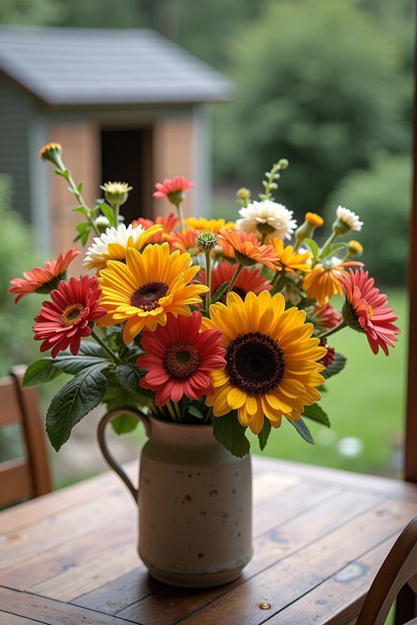 Freshly cut flower bouquet of zinnias cosmos and sunflowers in a rustic ceramic vase on outdoor garden table, morning dew, garden shed in soft background, vibrant summer colors