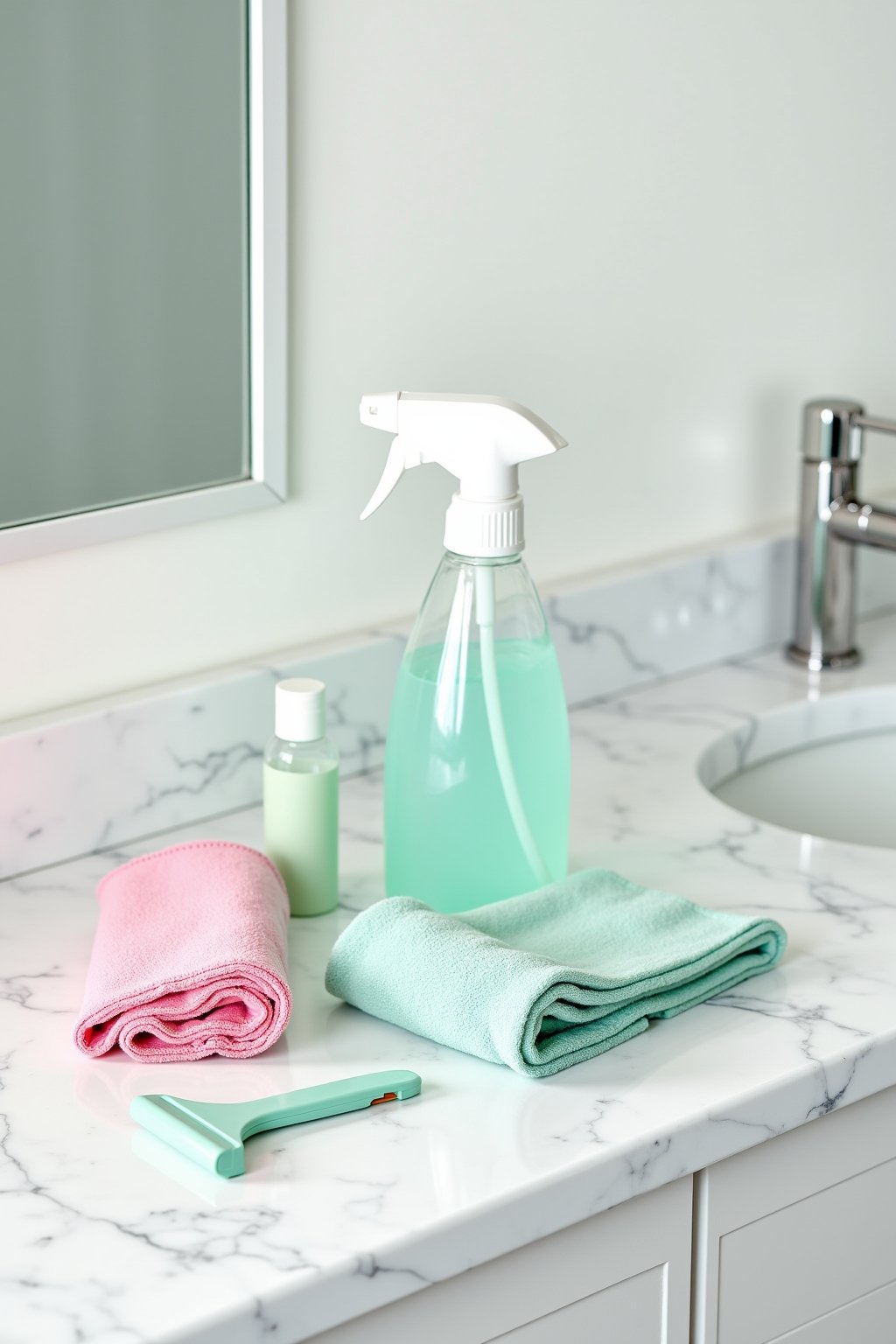 Close-up of bathroom cleaning supplies arranged neatly on a clean white marble vanity surface