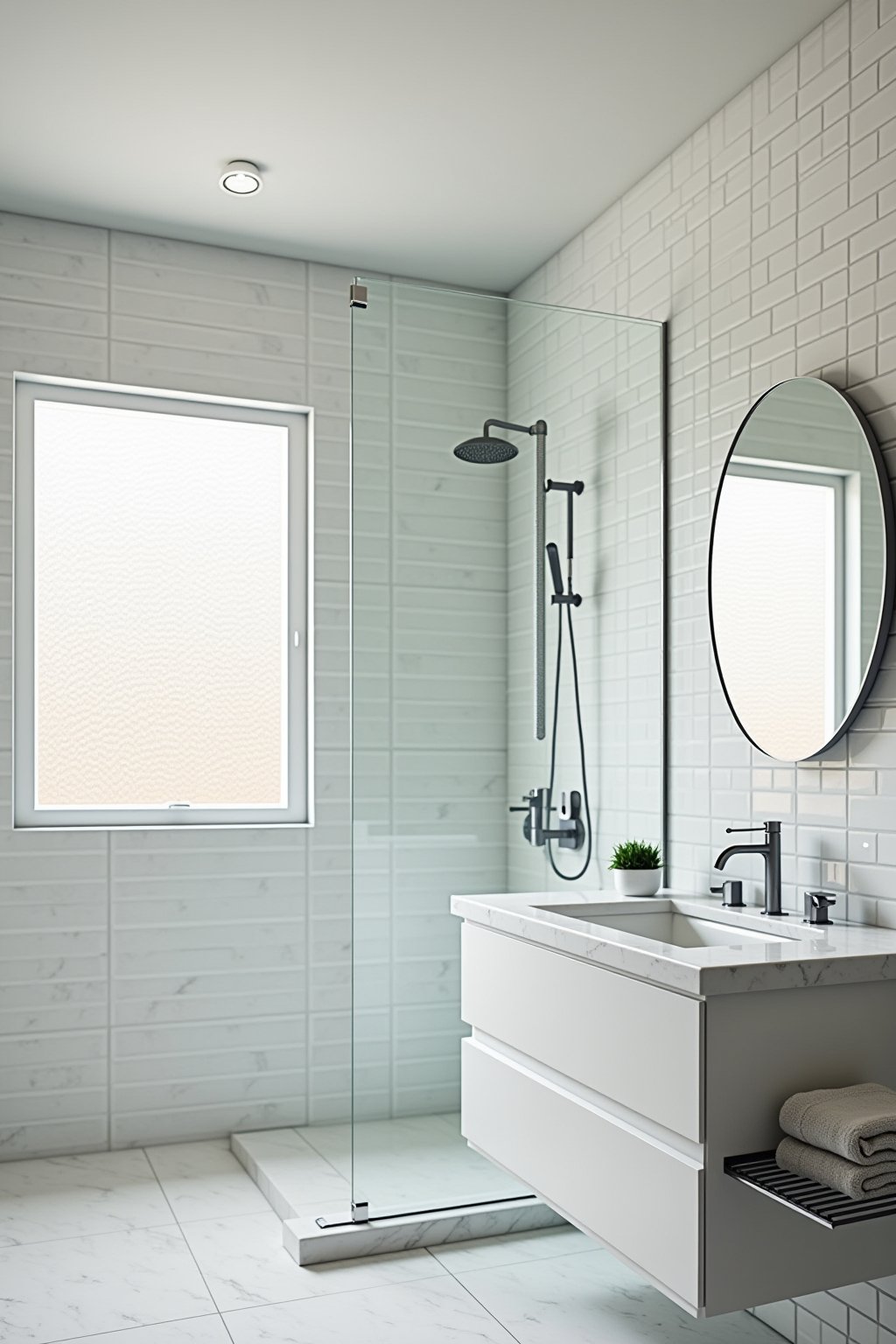 A pristine modern bathroom with white subway tile walls