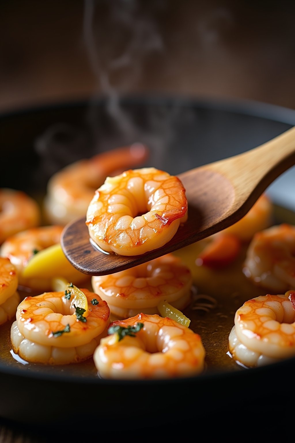 A close-up of garlic butter shrimp being cooked in a hot skillet, a wooden spatula flipping one perfectly pink shrimp, sizzling butter and golden garlic slices visible in the pan, steam rising, the...