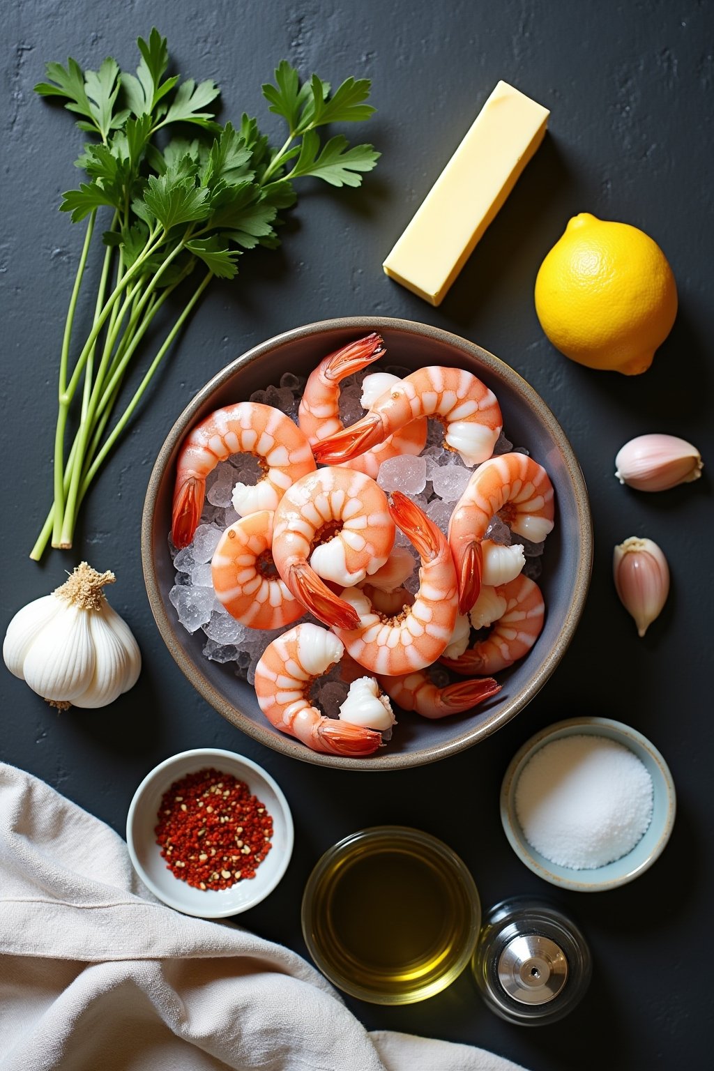 Overhead flat lay of ingredients for garlic butter shrimp: a bowl of large raw peeled shrimp on ice, a whole head of garlic with several cloves sliced, a stick of butter, a halved lemon, fresh Ital...