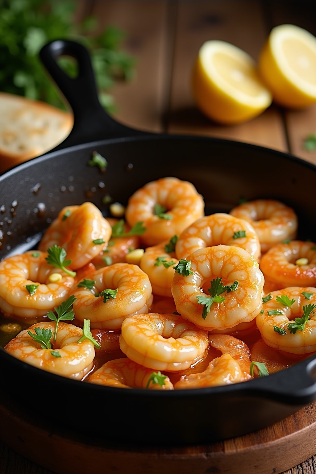 A cast iron skillet filled with plump golden garlic butter shrimp glistening with sauce, thin sliced golden garlic chips scattered throughout, bright green chopped parsley on top, lemon halves rest...