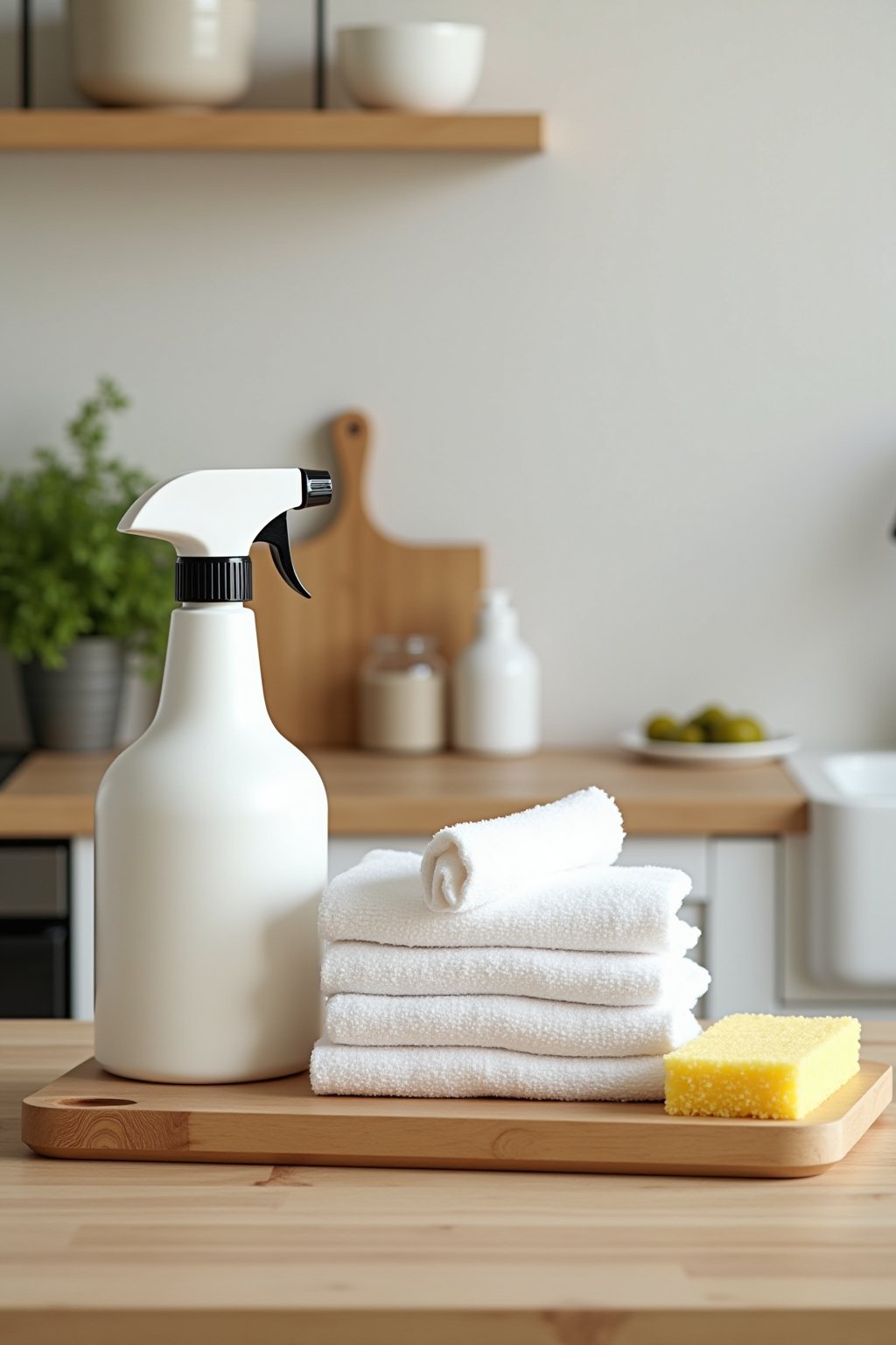Close-up of neatly arranged kitchen cleaning supplies on a clean butcher block countertop