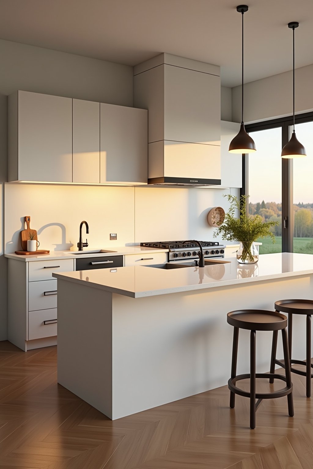 A beautiful clean modern kitchen at golden hour evening light