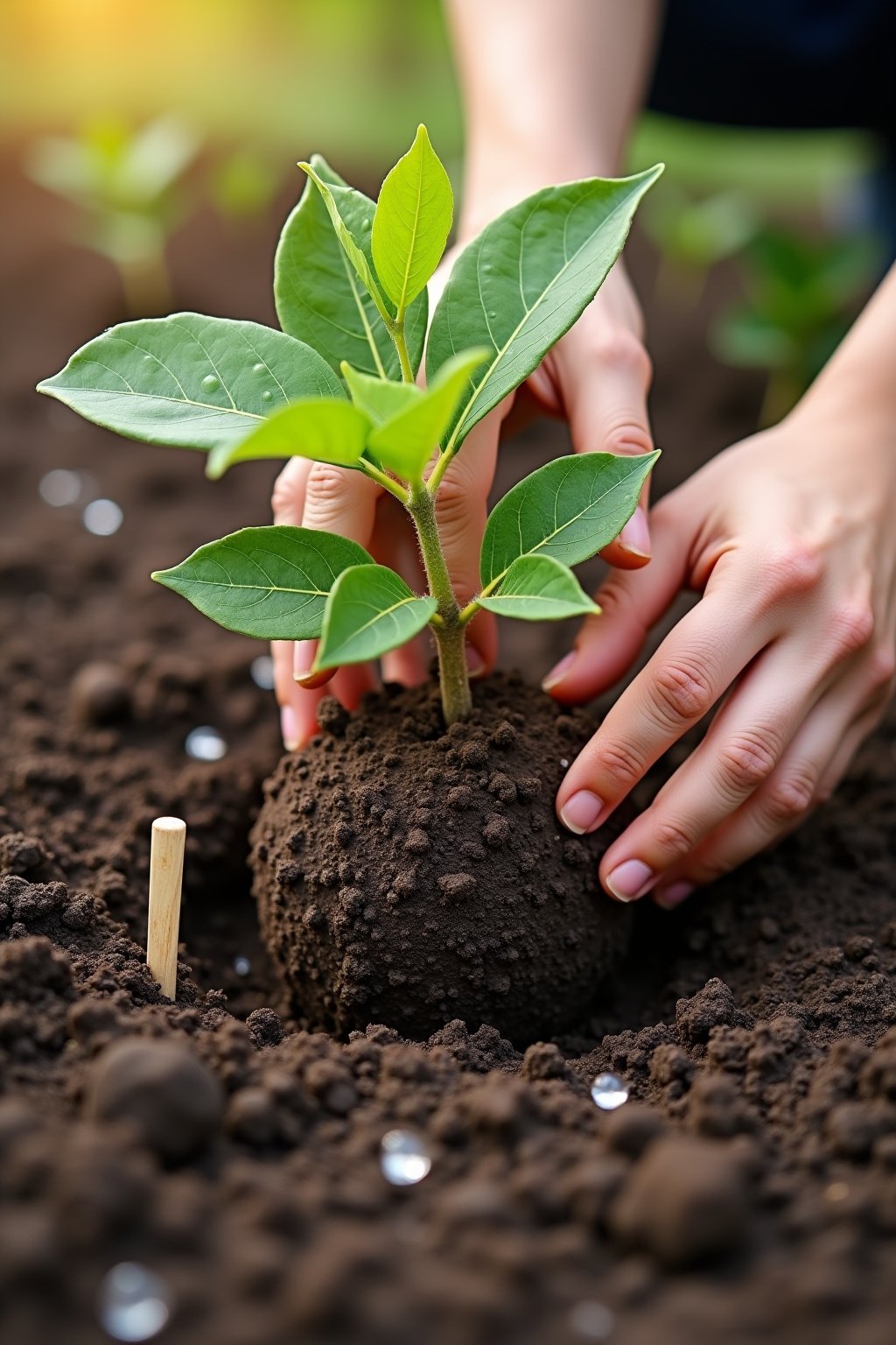 Close-up hands planting a bare-root berry plant in rich dark spring soil, the root ball visible, compost and mulch nearby, a small label marking the plant, morning dew on the surrounding soil