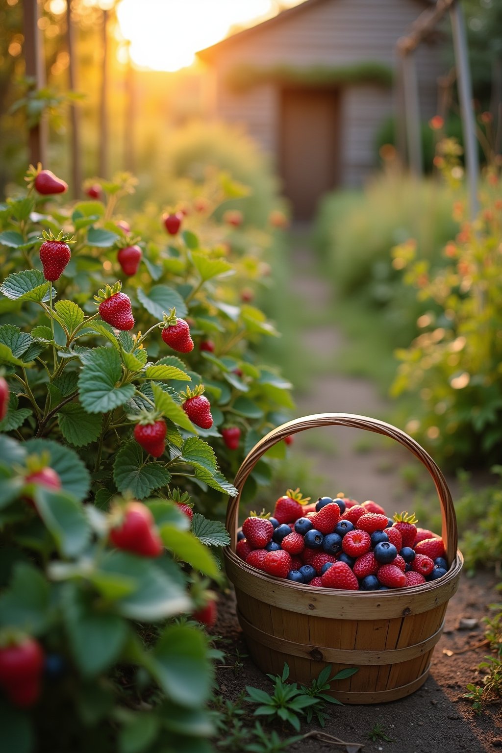 A mature backyard berry garden in golden hour light showing ripe strawberries in a raised bed, a blueberry bush heavy with blue fruit, raspberry canes with red berries, a wooden harvest basket on t...