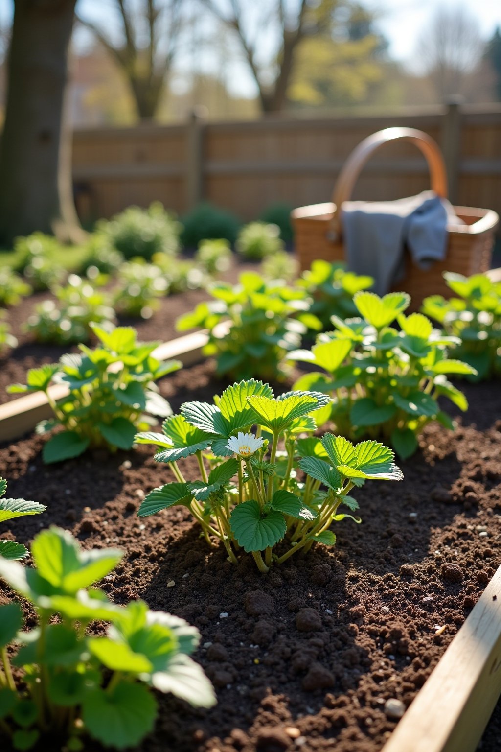 A beautiful backyard berry garden in april with multiple berry plants growing together, young strawberry plants in a raised bed with white flowers, a blueberry bush with early flower clusters, rasp...