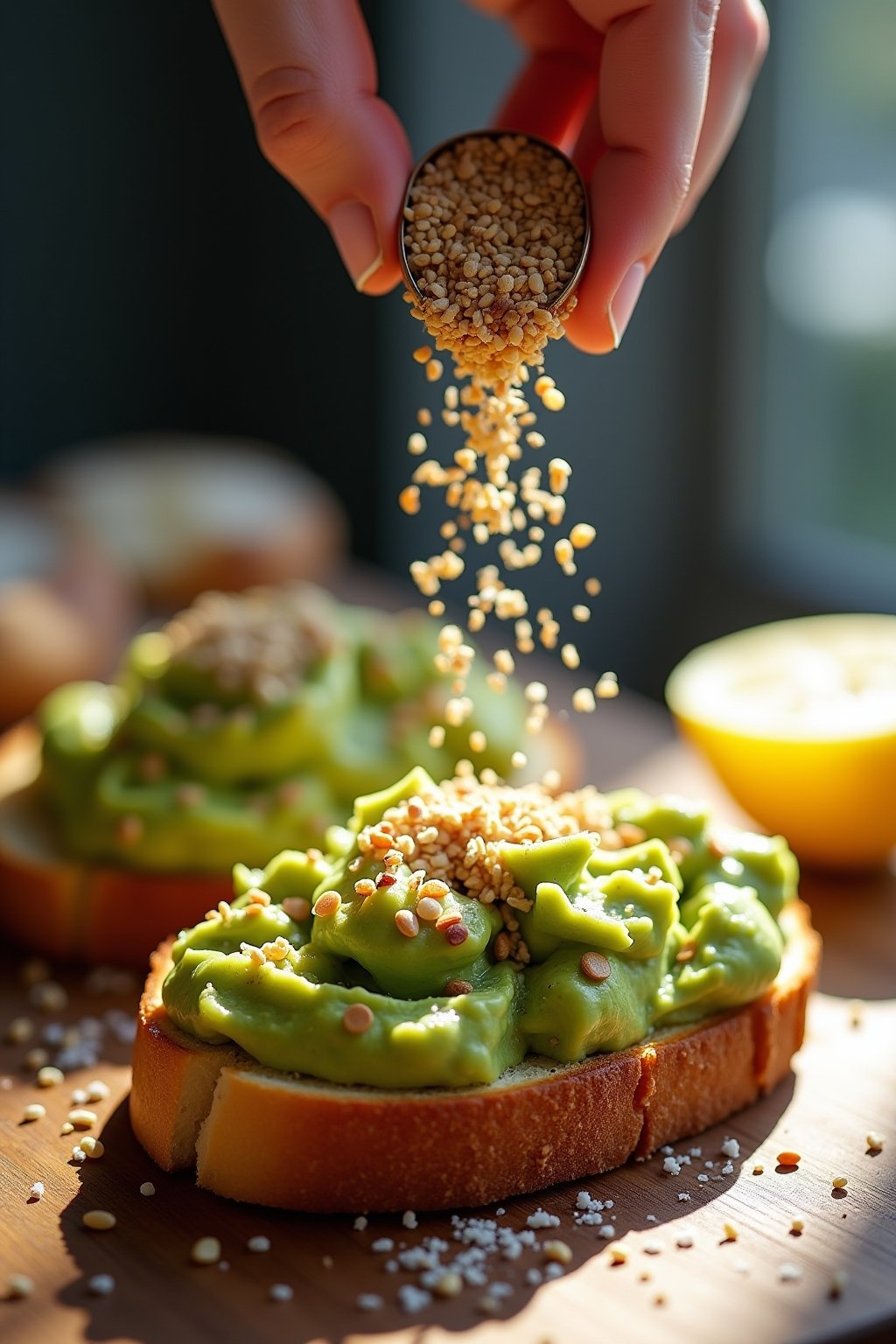 A close-up action shot of a hand sprinkling everything bagel seasoning from above onto freshly made avocado toast, the mashed avocado is chunky and bright green on golden toasted sourdough, seeds a...