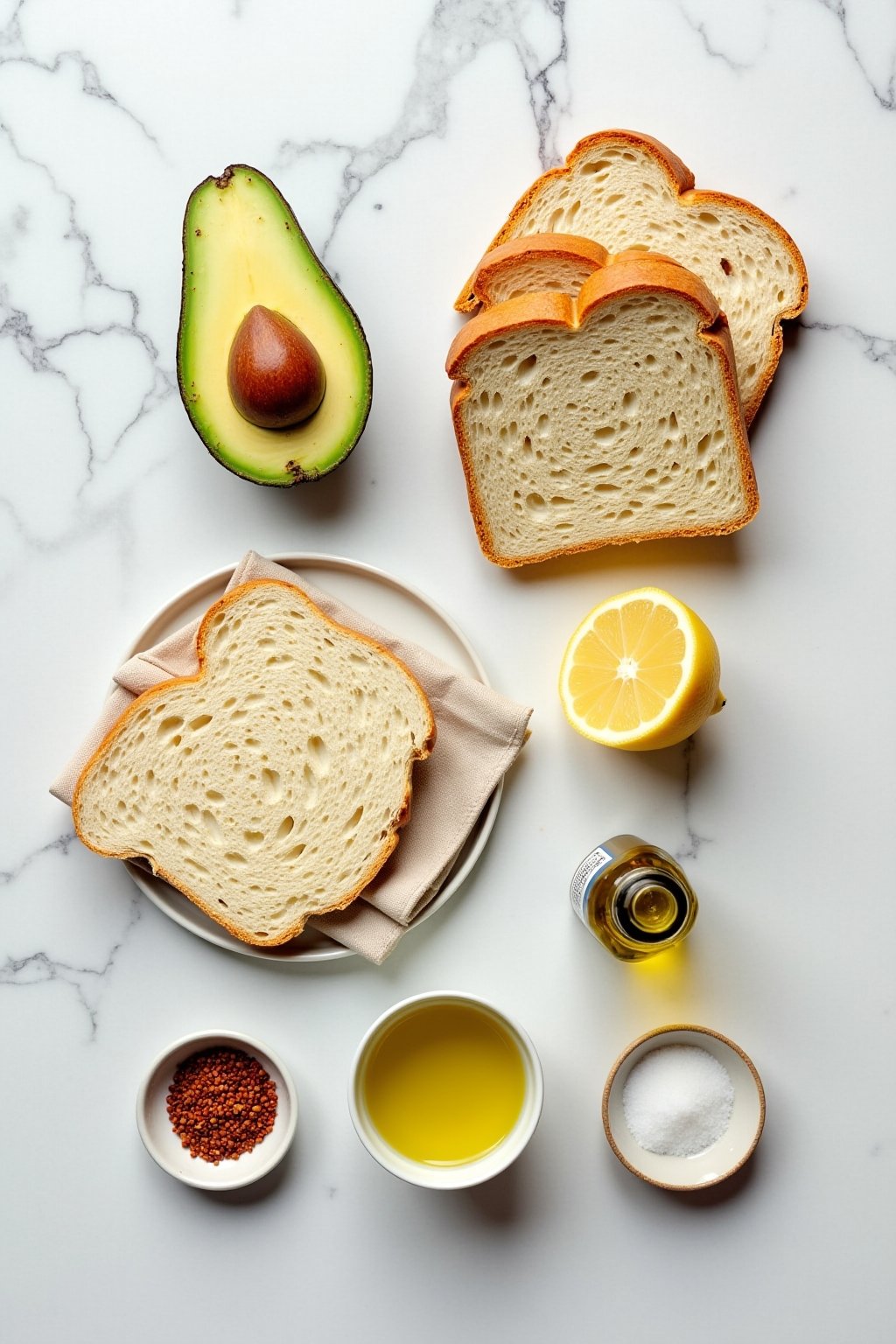 Overhead flat lay of avocado toast ingredients: a halved ripe avocado with pit removed, thick slices of sourdough bread, a small jar of everything bagel seasoning, a bottle of extra virgin olive oi...
