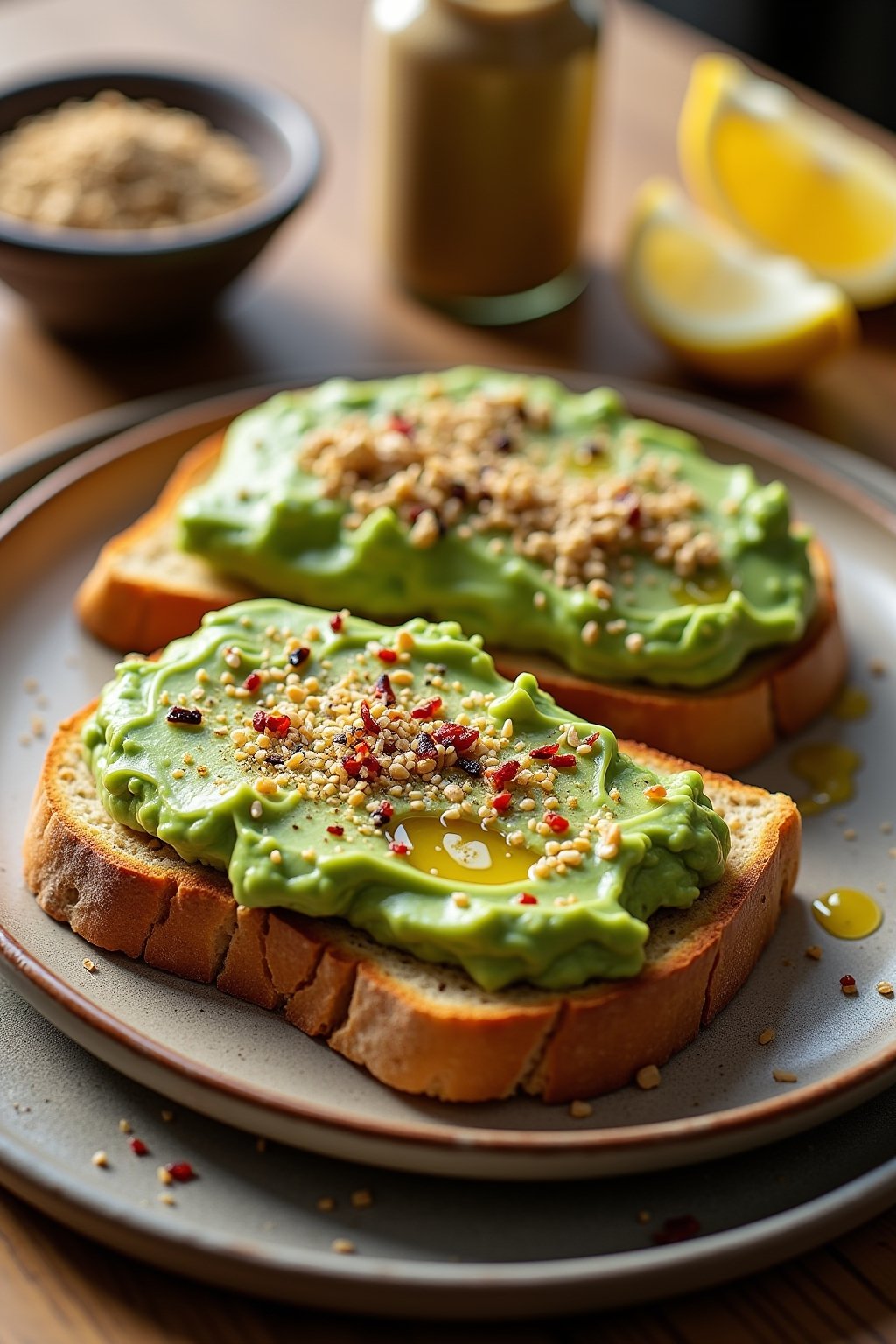 Two beautiful slices of avocado toast on thick sourdough bread on a rustic ceramic plate, thickly spread mashed avocado topped generously with everything bagel seasoning showing sesame seeds and po...