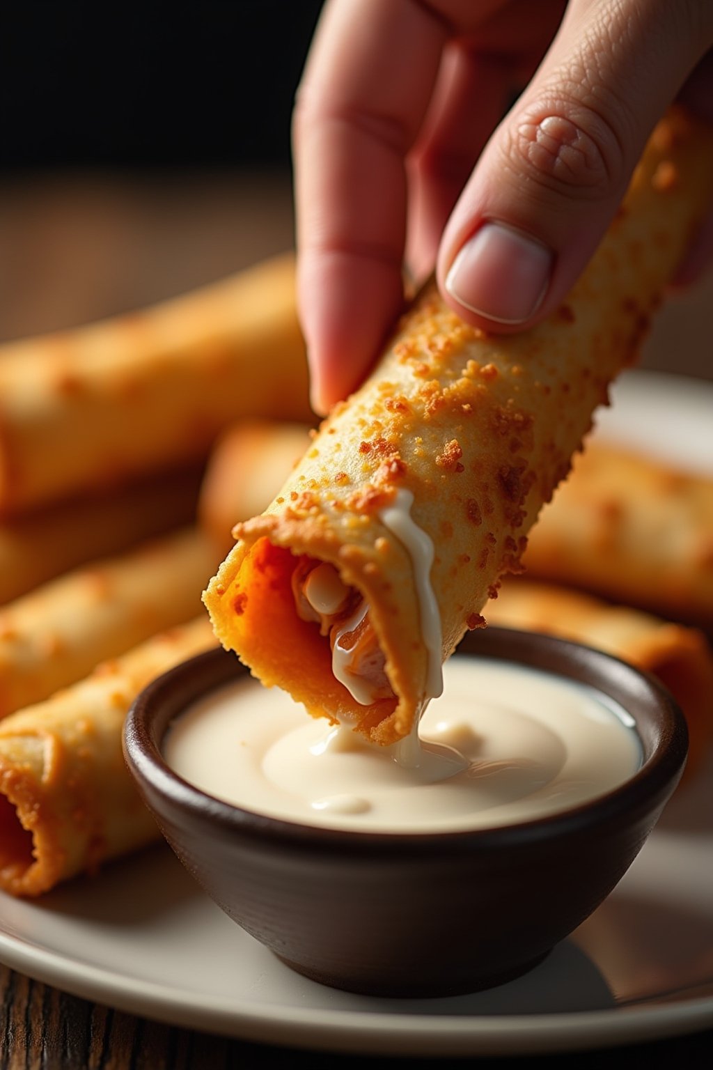 Close-up of a hand dipping a crispy golden air fryer buffalo chicken taquito into a bowl of creamy ranch dressing, the taquito is golden and crunchy with visible crispy edges, buffalo sauce visible...